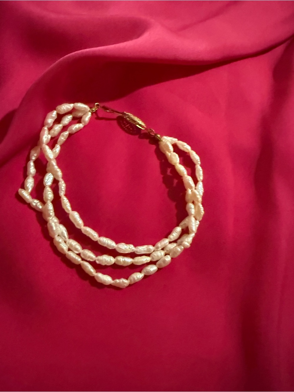 Vintage Rice Pearl three strand bracelet with Gold Clasp